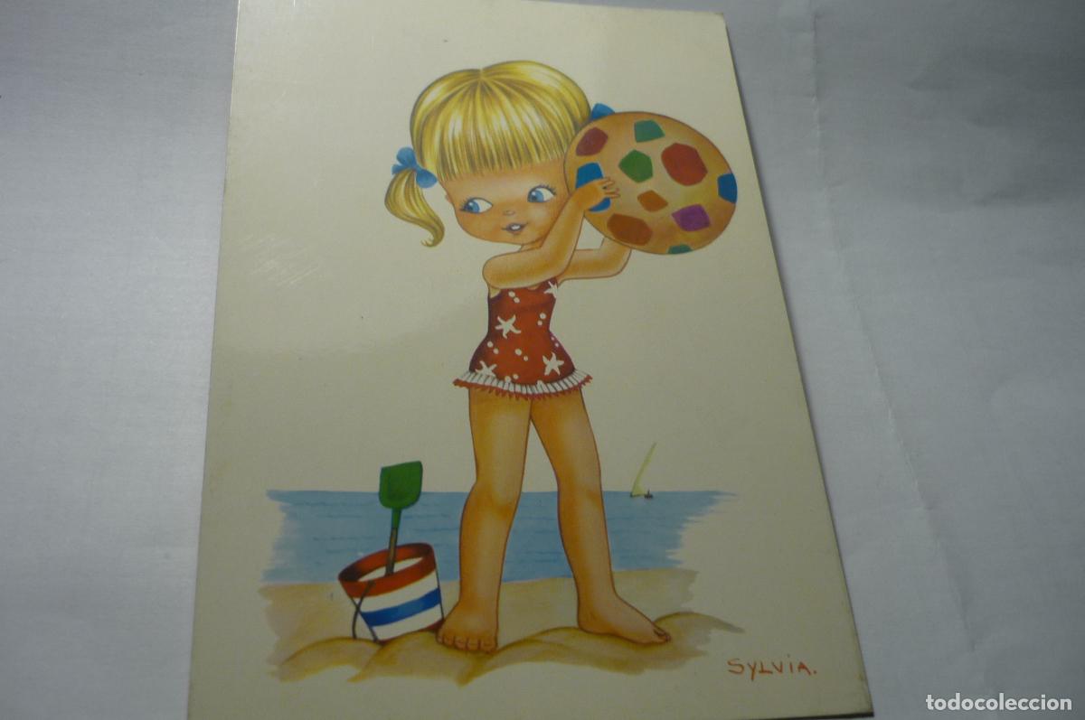 Postcards: postal ni&ntilde;a en playa,.dibujo sylvia.-cm