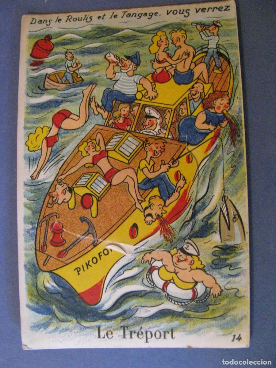 Cartoline: POSTAL DIBUJO DE FRANCIA. LE TREPORT. CON COMPARTIMIENTO DE PUBLICIDAD 10 IMAGENES. ESCRITA 1952.