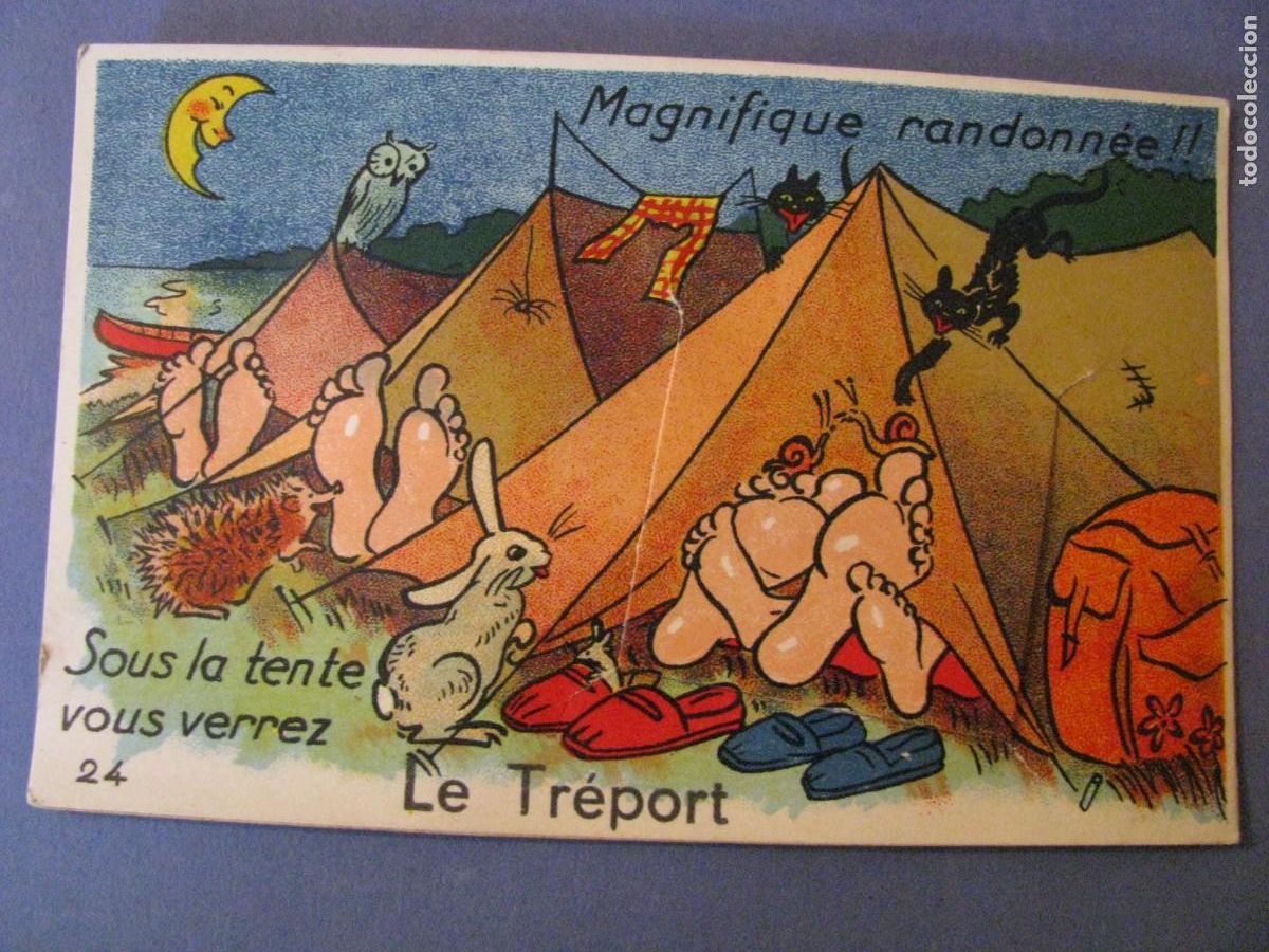 Cartoline: POSTAL DIBUJO DE FRANCIA. LE TREPORT. CON COMPARTIMIENTO DE PUBLICIDAD 10 IMAGENES. ESCRITA 1952.