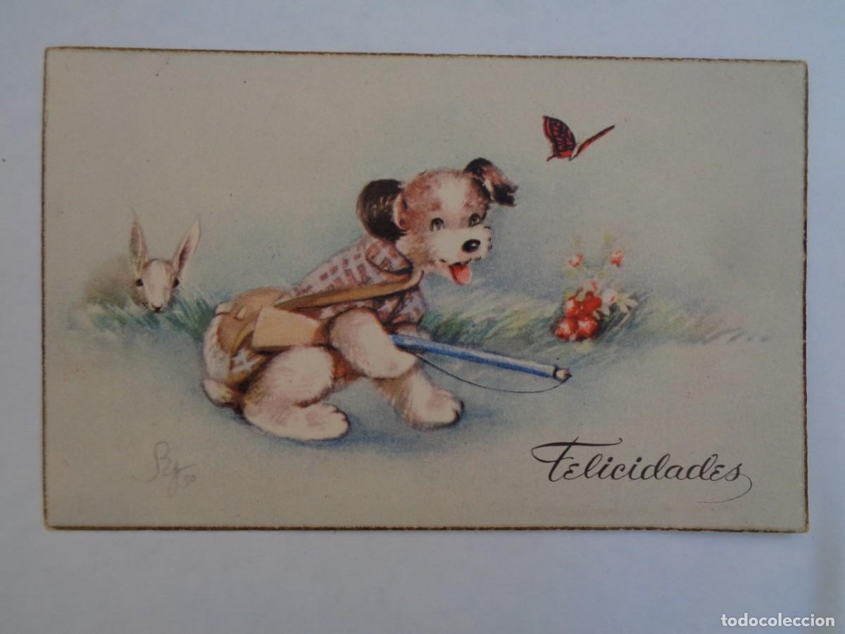 Cartes Postales: BONITA TARJETA DE FELICITACION CON DIBUJO DE PERRO CAZADOR. A&Ntilde;OS 40