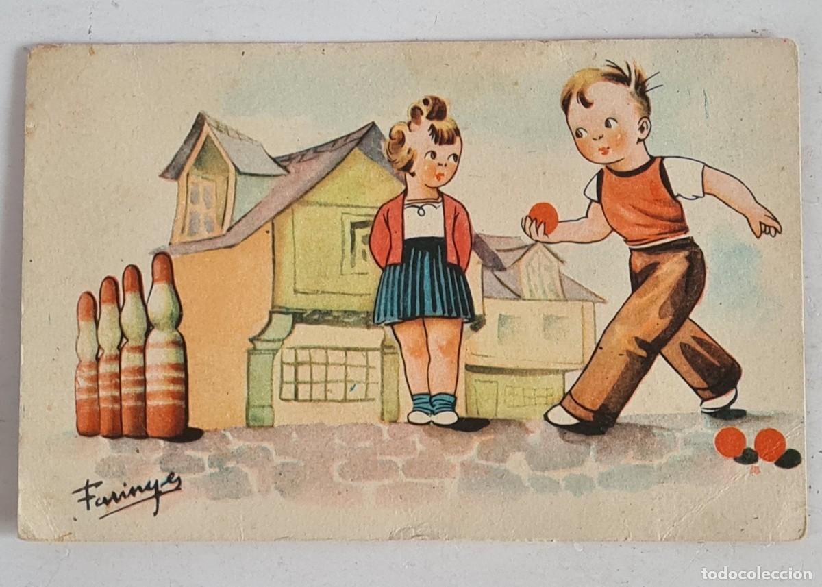 Postais: Postal Ni&ntilde;a Ni&ntilde;o jugando a Bolos - Ilustraci&oacute;n Farinyes A&ntilde;os 40 - Bitlles
