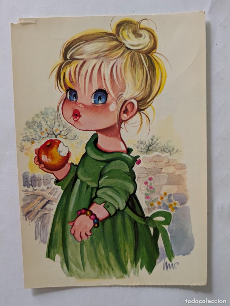 Cartes Postales: Postal dibujo ni&ntilde;a comiendo manzana. Country-1