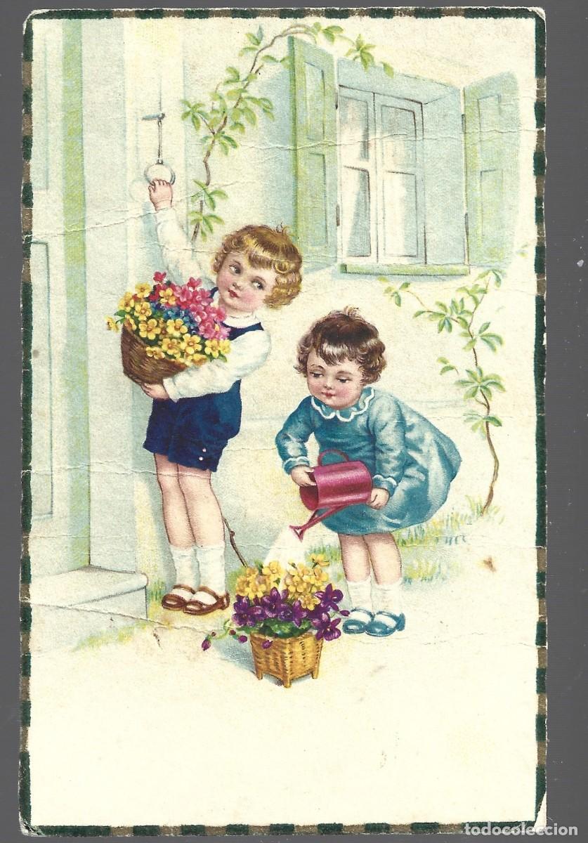 Postcards: POSTAL DE NI&Ntilde;OS RIEGAN LAS FLORES EDITOR AMAG ESCRITA