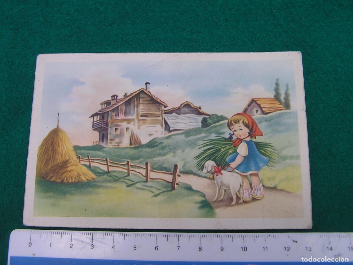 Postcards: Postal con dibujo a color de tema rural campestre. Paisaje con casas, ni&ntilde;a y cordero. A&ntilde;os 50.