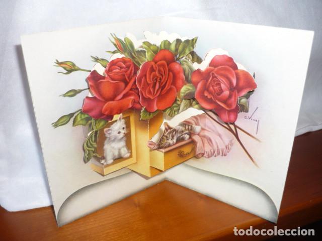 Postales: FELICITACION TROQUELADA *VIVES* - DESPLEGABLE, GATITOS - EDIC. SUBI 10528/3 - DIPTICA