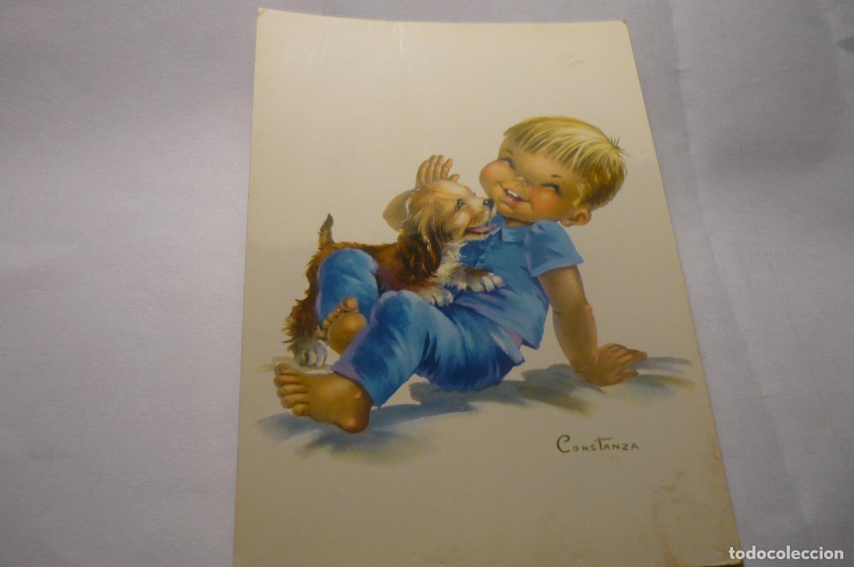 Postcards: postal ni&ntilde;o jugando perro dibuzo constanza escrita c y z 6678