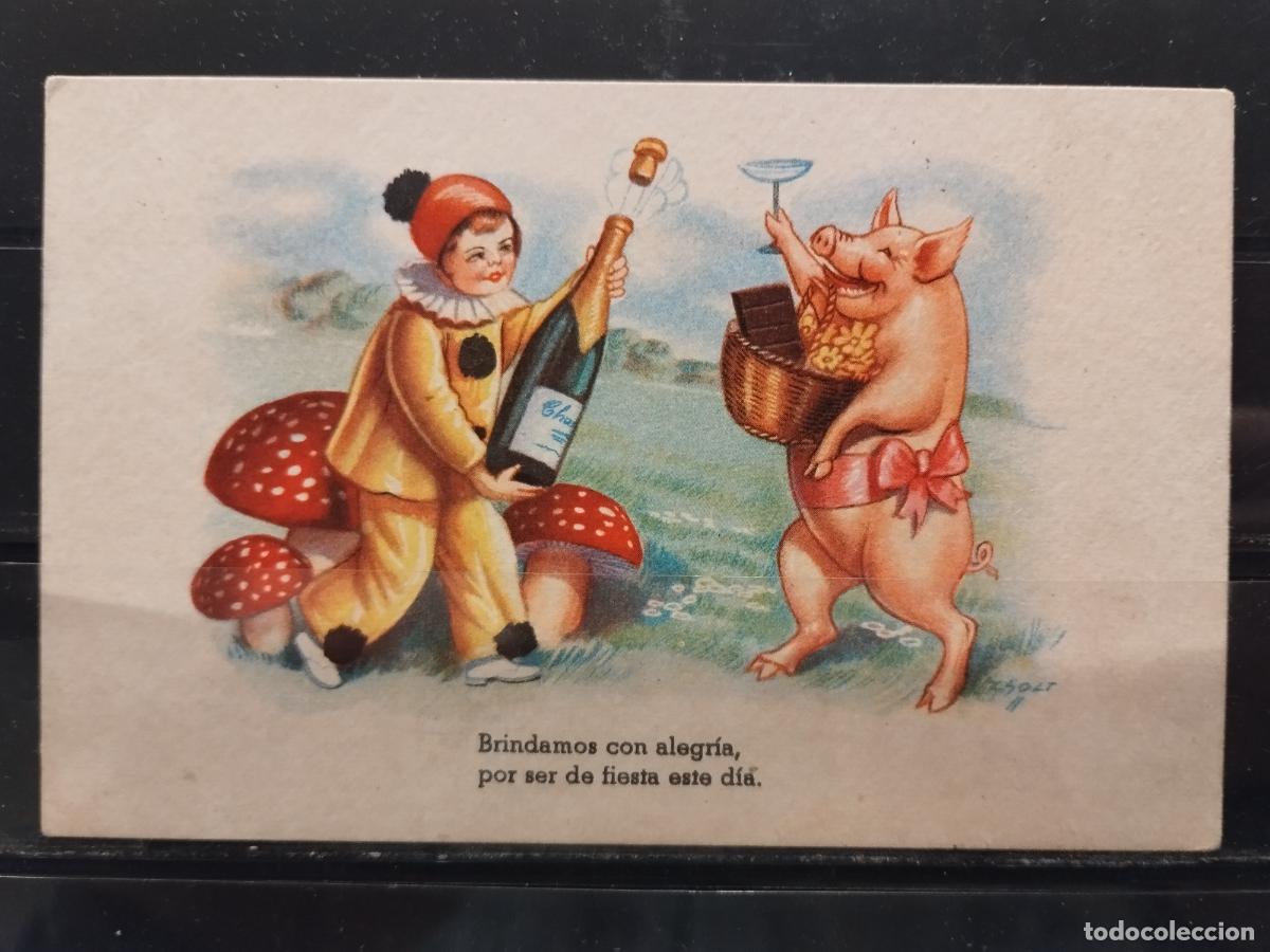 Postais: CERDOS. SETAS. CHAMPAN. A&Ntilde;O NUEVO. CIRCULADA.