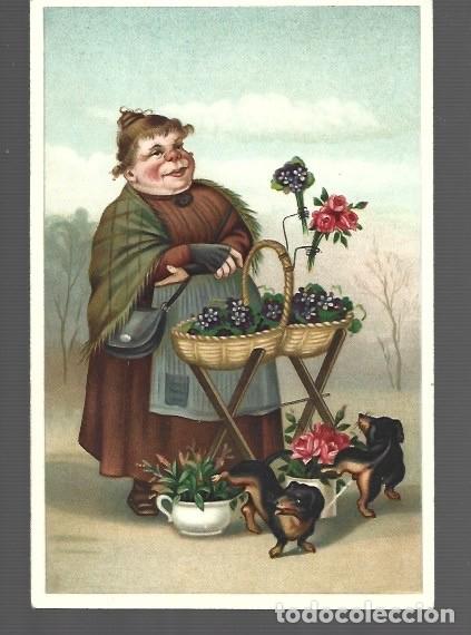 Postkarten: POSTAL DE DIBUJO MUJER VENTA DE FLORES SIN ESCRIBIR