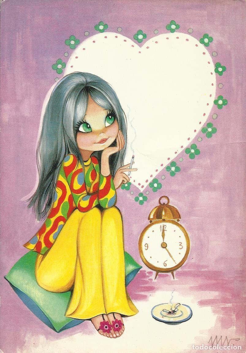 Postcards: Ilustraci&oacute;n chica fumando con coraz&oacute;n y reloj. Bergas. Postal. 10x15 cm.