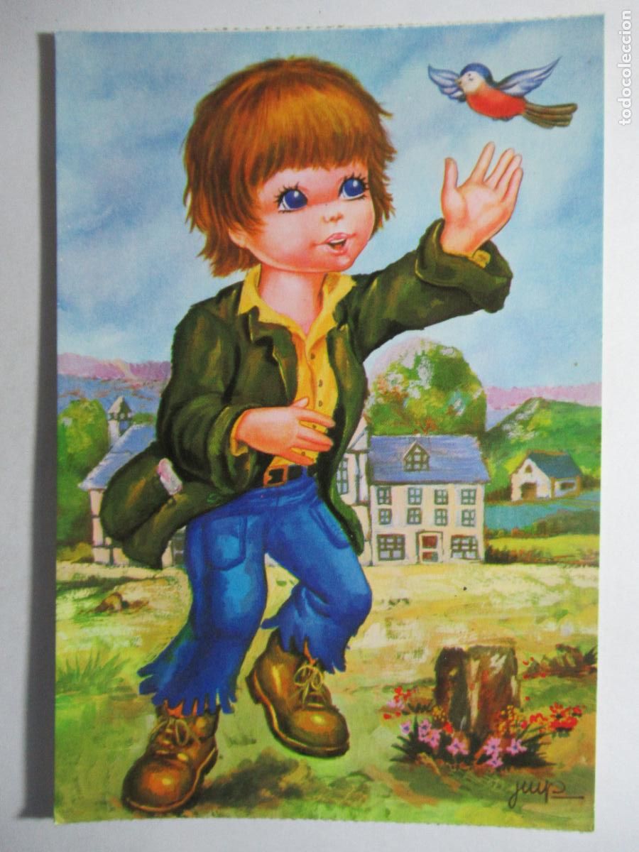 Postkarten: Postal dibujo ni&ntilde;o y pajarito