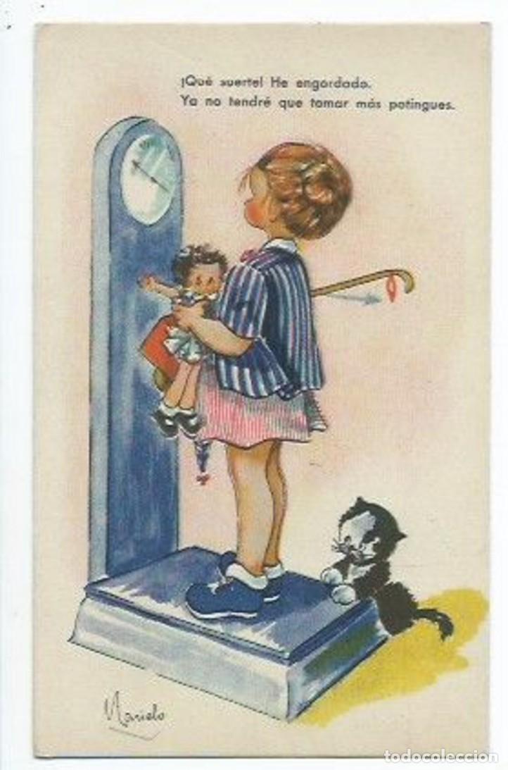 Postcards: &rdquo; QUE SUERTE ! HE ENGORDADO, YA NO TENDRE QUE TOMAR MAS POTINGUES &rdquo;.- ILUSTRACION DE MARIELO