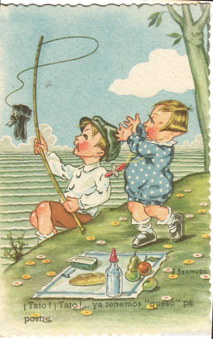 Postkarten: Ni&ntilde;os pescando.. 4038.Firmada J. Bermudo. escrita 1951. Edicion.Luker, Garcia Garabella. Vell i Bell