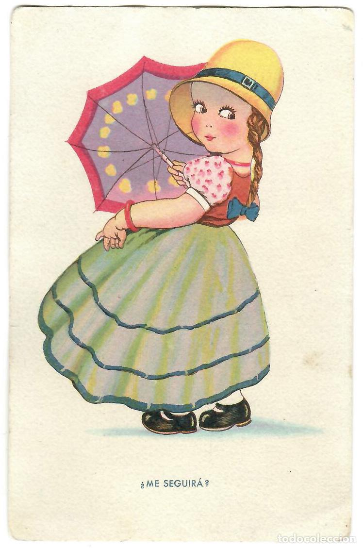 Postkarten: Ni&ntilde;a con sombrilla. &iquest;Me seguira? 113 Ediciones Arribas. escrita . Vell i Bell
