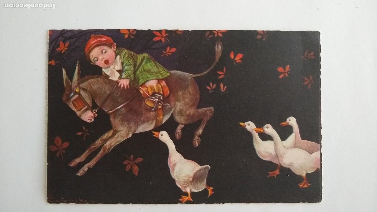 Postais: Ni&ntilde;o en burro - ilustrador Colombo editorial GAM escrita - 1929