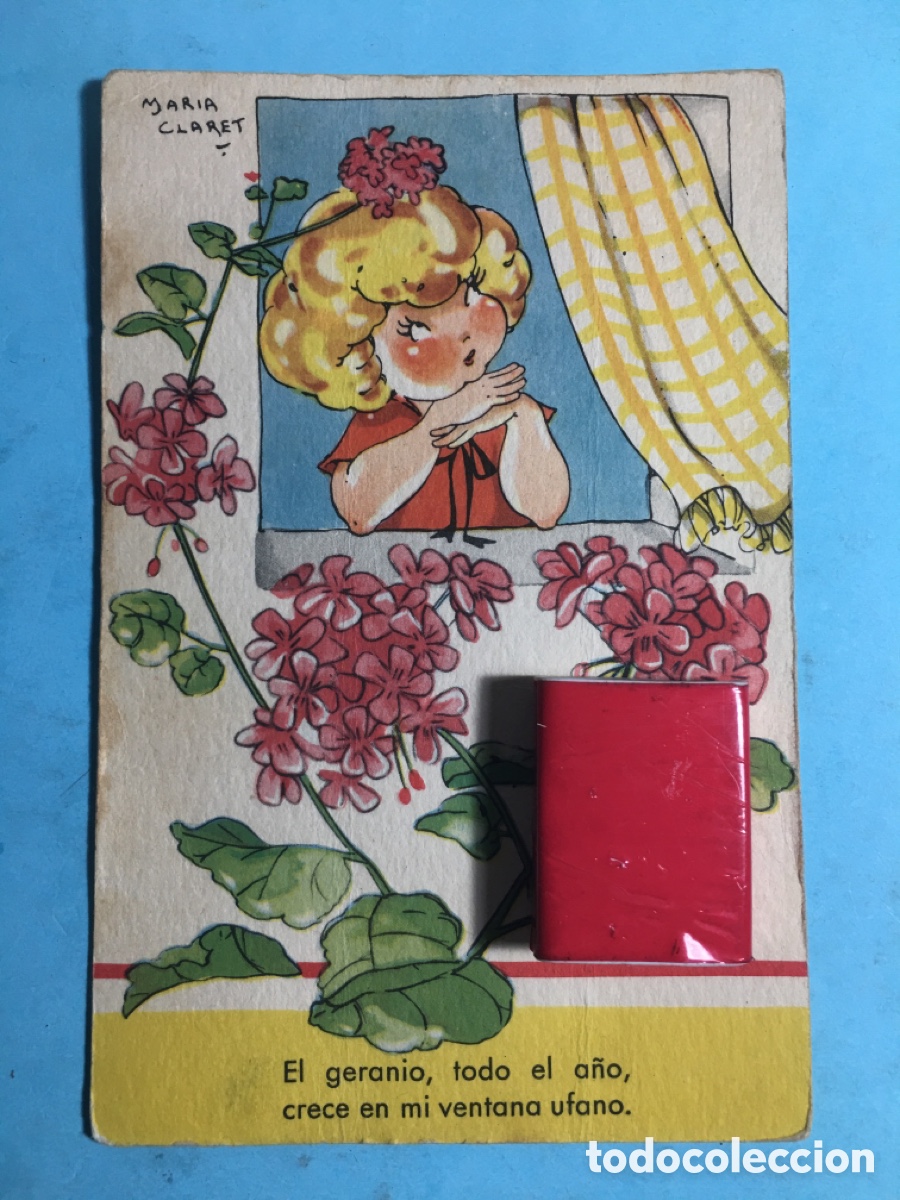 Cartoline: 1949/50&acute;s ca. NI&Ntilde;A EN LA VENTANA Y FLORES DE GERANIO POR MAR&Iacute;A CLARET SERIE G N&ordm; 10