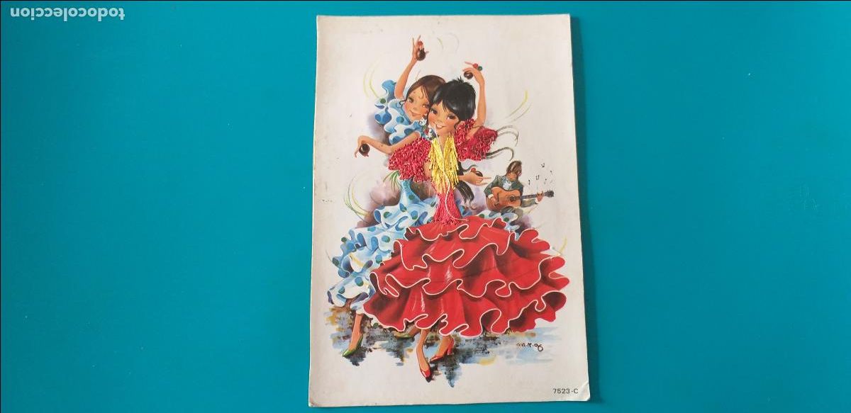 Cartoline: Postal. Ni&ntilde;as flamencas con casta&ntilde;uelas. # 7526. Caricatura de Nama. Bordada. Circulada.
