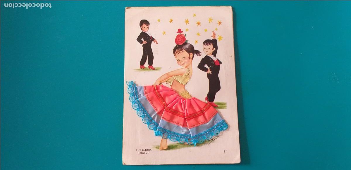 Cartoline: Postal de ni&ntilde;os. Andalucia, infantil. Caricatura de El si. Flamenca. Bordada y tela. Circulada.