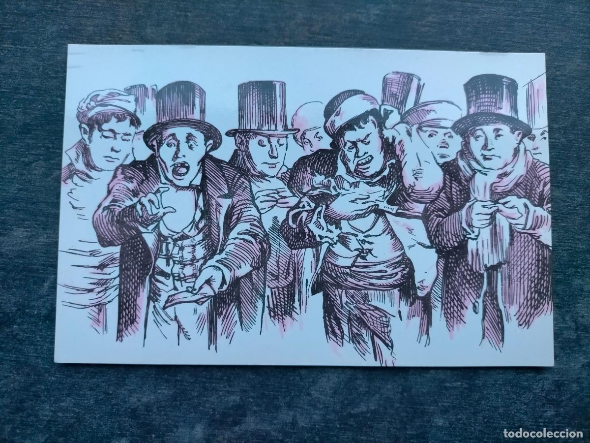Postales: Tarjeta postal dibujo serie B 9 jugadores mirando la lista de la loter&iacute;a grabado de ortego 1866