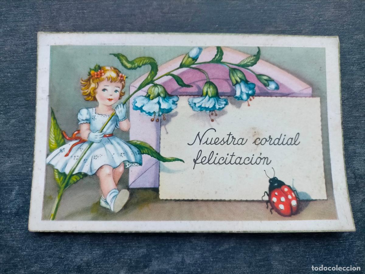 Postales: Tarjeta postal dibujo Nuestra cordial felicitaci&oacute;n escrita ni&ntilde;a con flores azules mariquita