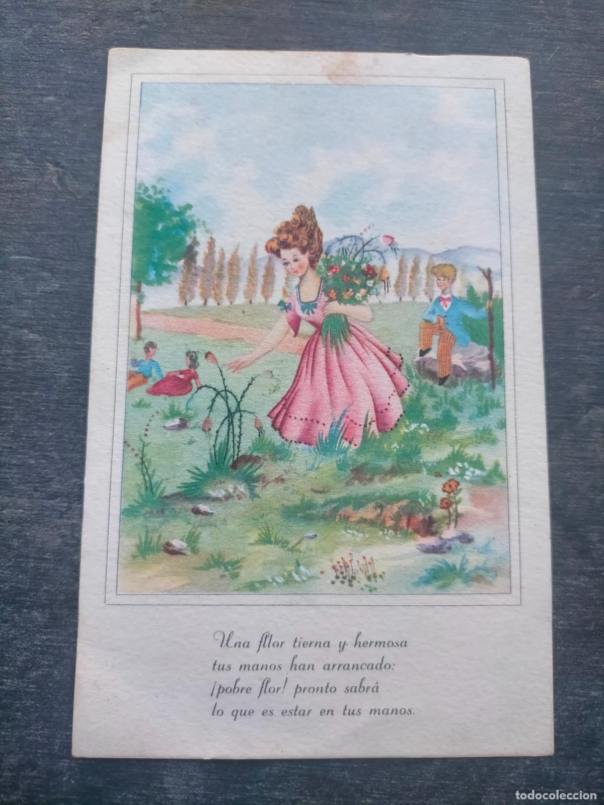 Postales: Tarjeta postal dibujo una flor tierna y hermosa tus manos han arrancado pobre flor pronto sabr&aacute; mano