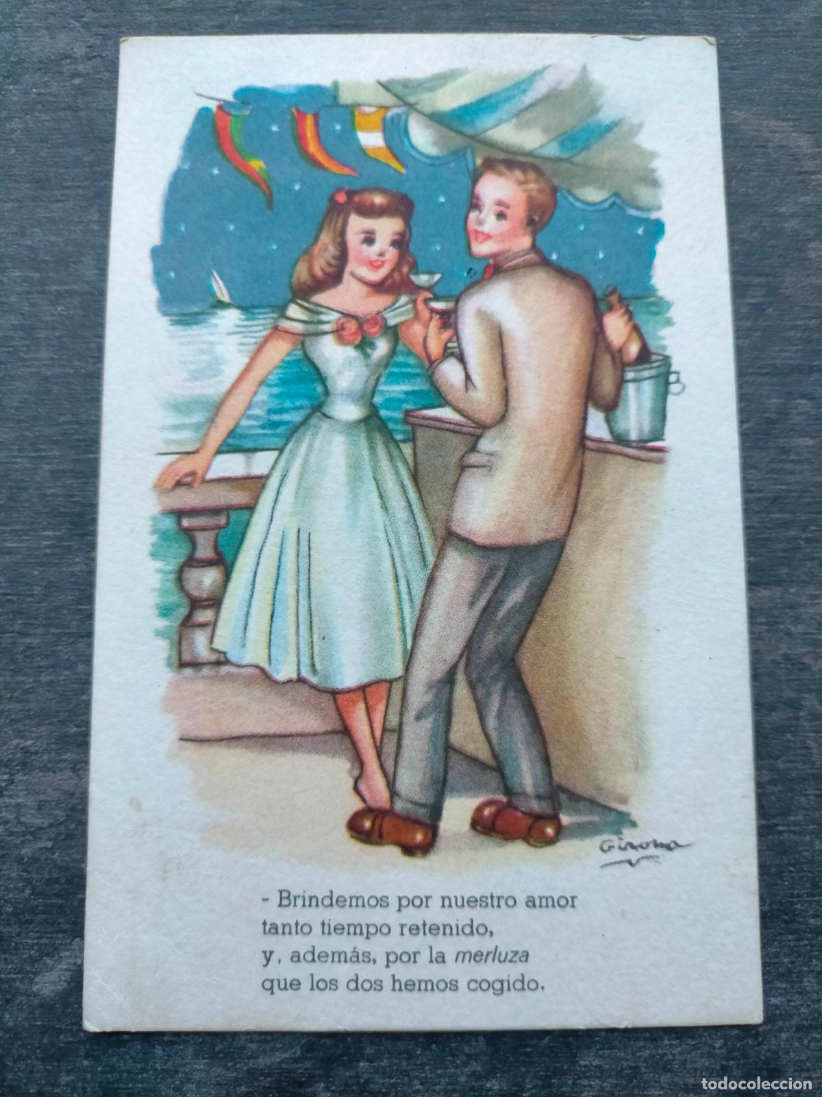 Postales: Tarjeta postal dibujo animaladas brindemos por nuestro amor tanto tiempo retenido y por la merluza