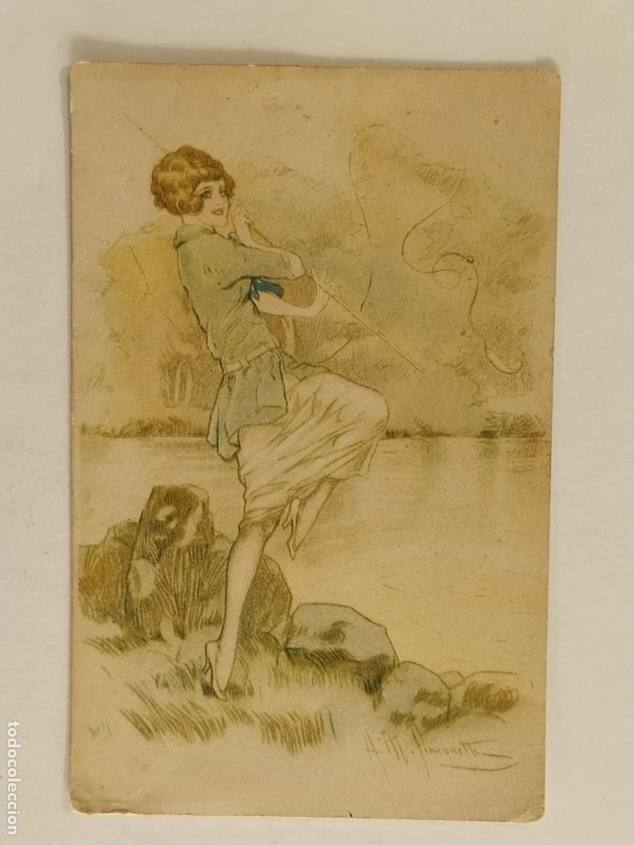 Cartes Postales: MUJER PESCANDO EN EL RIO - POSTAL ANTIGUA -(MG-1145)
