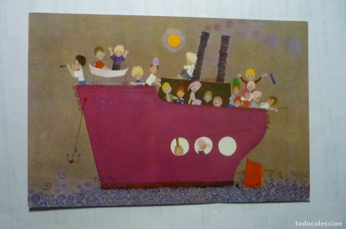 Postkarten: postal dibujo barco con ni&ntilde;os escrita