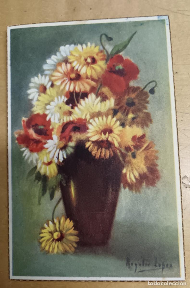 Cartoline: POSTAL CON MOTIVO FLORAL ILUSTRADA POR ROGELIO L&Oacute;PEZ SERIE FLORES MOD. 10 A&Ntilde;O 1956 ESCRITA 13,5X9 CM