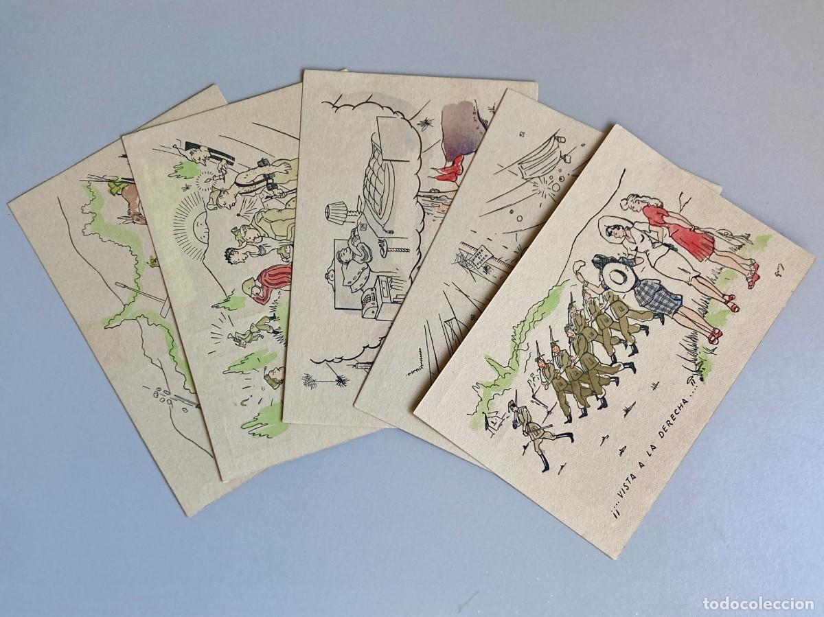 Postales: Lote de 5 postales, humor militar, chiste, caricatura. Ilustradas por Gumi. Espa&ntilde;a, 1940-50