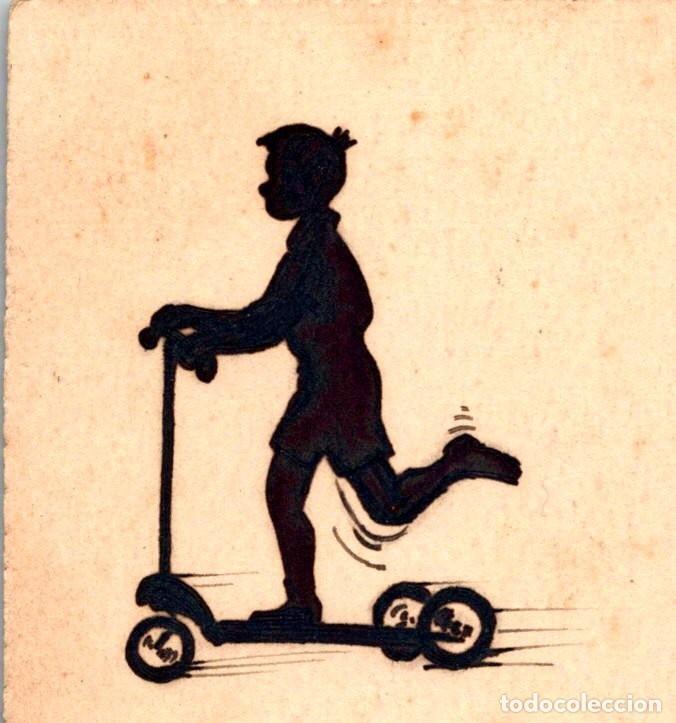 Cartoline: Silueta - Ni&ntilde;o en Patinete -Reverso de una postal JRR B Serie 49 Ilustrada por m.r.g.- 138x90mm -VER