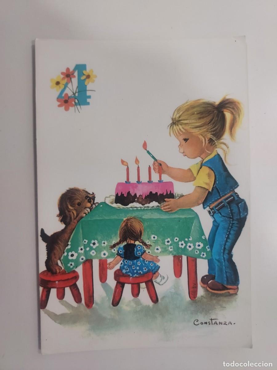 Cartoline: POSTAL ILUSTRADOR CONSTANZA. MAMA NI&Ntilde;A PERRO CUMPLEA&Ntilde;OS TARTA 4 A&Ntilde;OS. CIRCULADA. 1977. CYZ