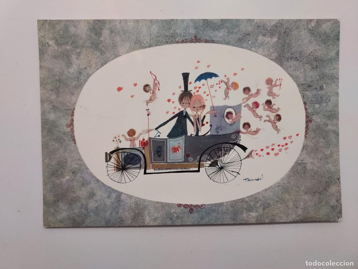 Postais: POSTAL ILUSTRADOR TAMORO. CARROZA CON PAREJA ENAMORADOS ANGELITOS. ESCRITA. 1966. RENI