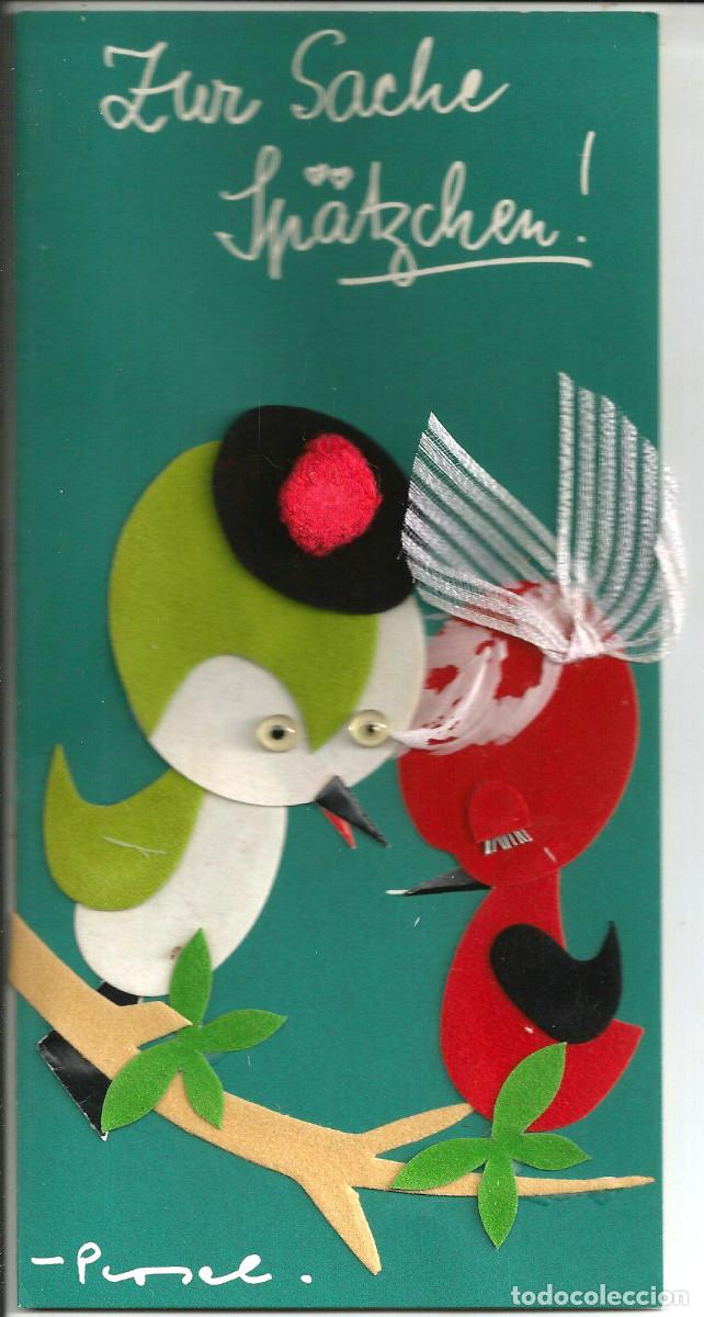 Postais: POSTAL PAJARITOS DE TELA *ZUR SACHE SPATZCHEN !* - D&Iacute;PTICA, 20,5X10 CM - ALEMANA
