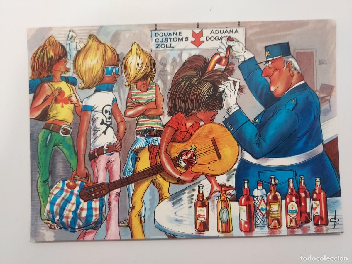 Postkarten: POSTAL ILUSTRADA. MELENUDOS GUITARRA MOCHILEROS. ADUANA SPANISTYP. ESCRITA. AVIL