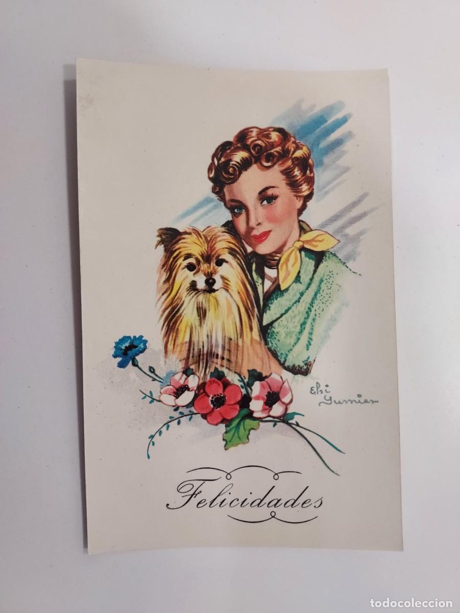 Postais: POSTAL ILUSTRADOR ELSI GUMIER. FELICIDADES. CHICA CON PERRO Yorkshire Terrier o Pomerania. S/C