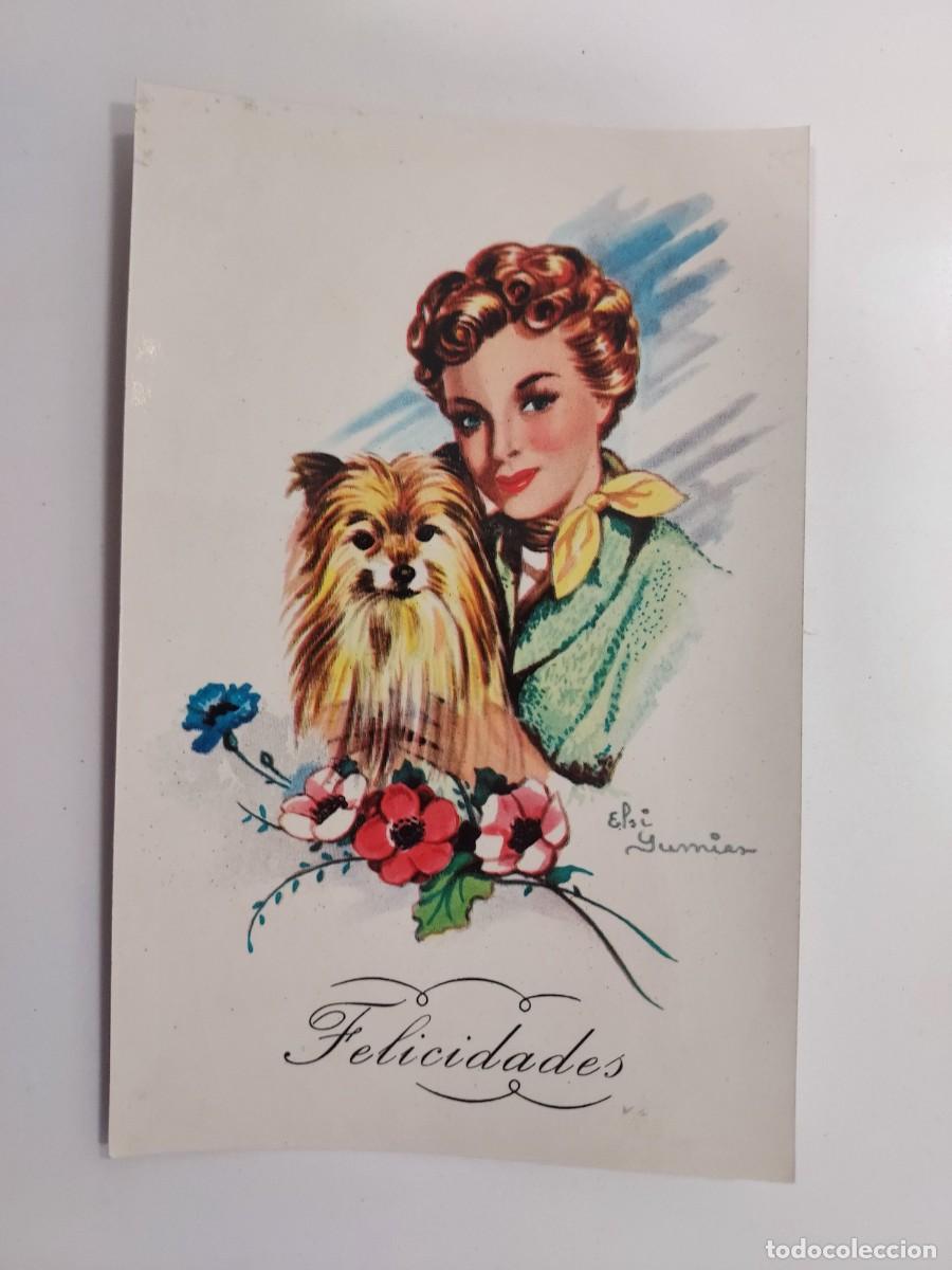 Postkarten: POSTAL ILUSTRADOR ELSI GUMIER. FELICIDADES. CHICA CON PERRO Yorkshire Terrier o Pomerania. S/C