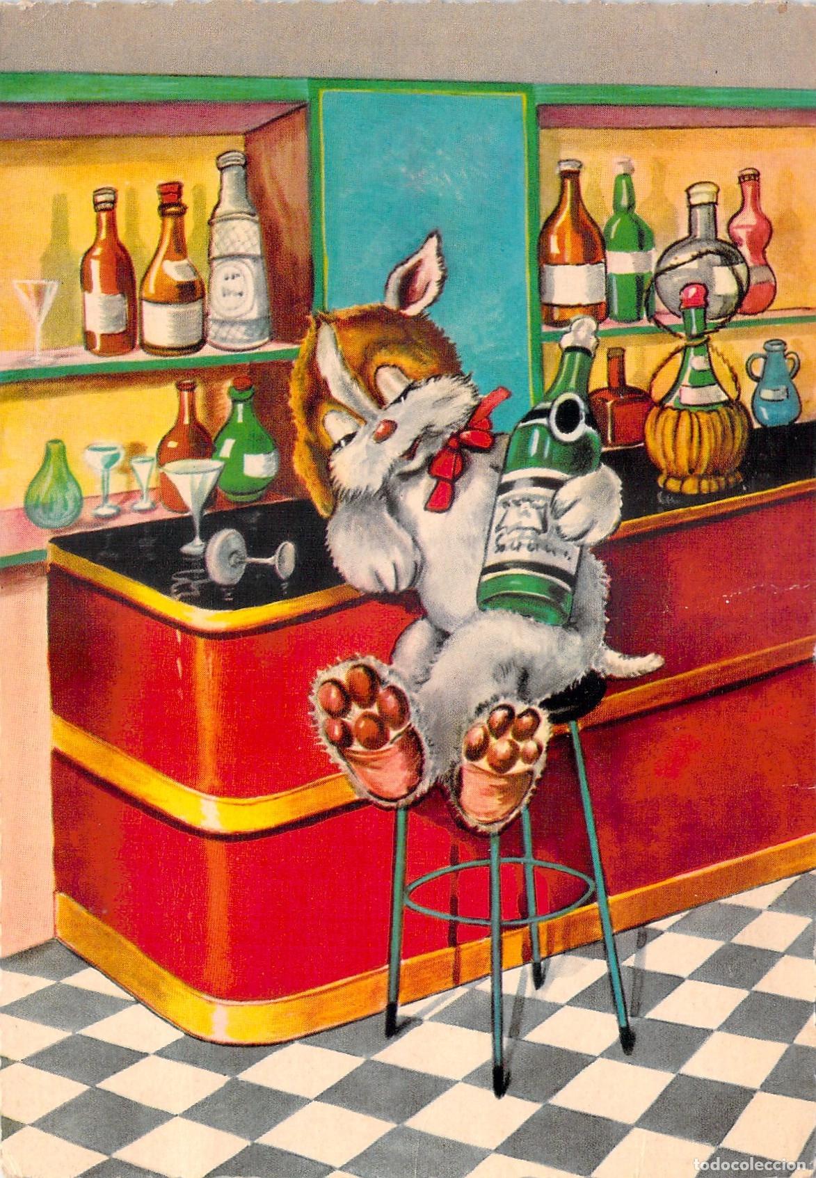 Postais: Postal de Humor: Animal Borracho en Bar, Conejo con Champa&ntilde;a, Caricatura