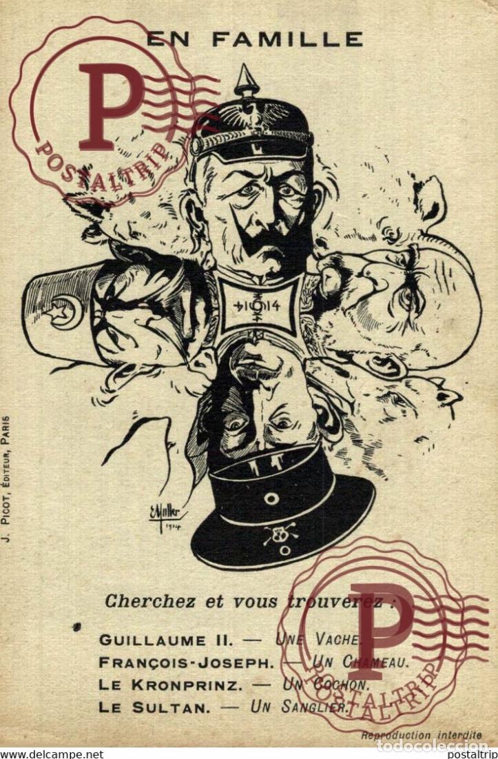 Postales: Muller . en famille. Guillaume II une vache. Fran&ccedil;ois-Joseph un chameau. Kronprinz un cochon. Sultan