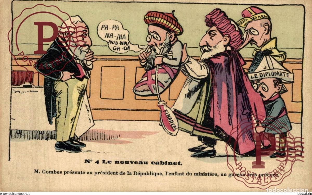 Postales: politique satirique caricature N&deg;4 le nouveau cabinet Combes presente lenfant du ministere attribu&eacute;