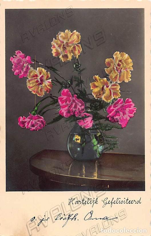Cartoline: Postal Holandesa de Felicidades con unas flores - Escrita