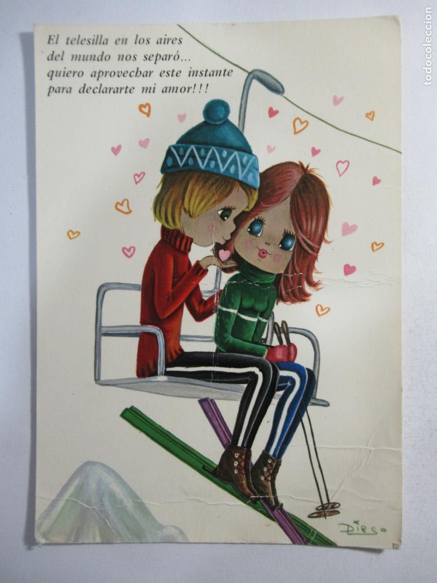 Postales: Chico y chica en telesilla esqu&iacute; - Escrita