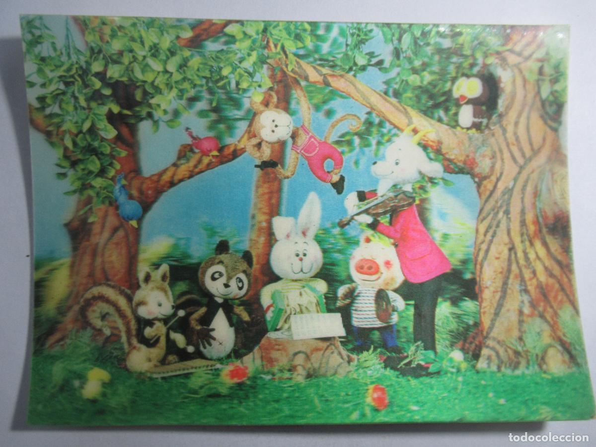 Postales: Postal 3D Tridimensional - Animales caricaturizados y vestidos en el bosque - Escrita 1970