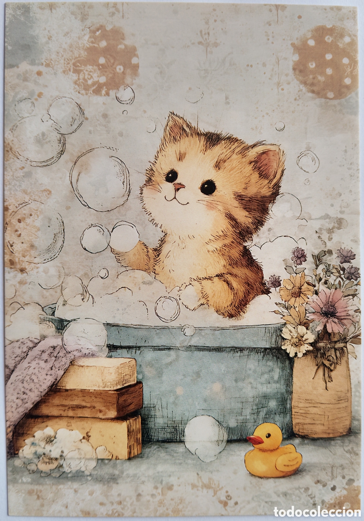 Postales: POSTAL - GATITO BA&Ntilde;O PATITO