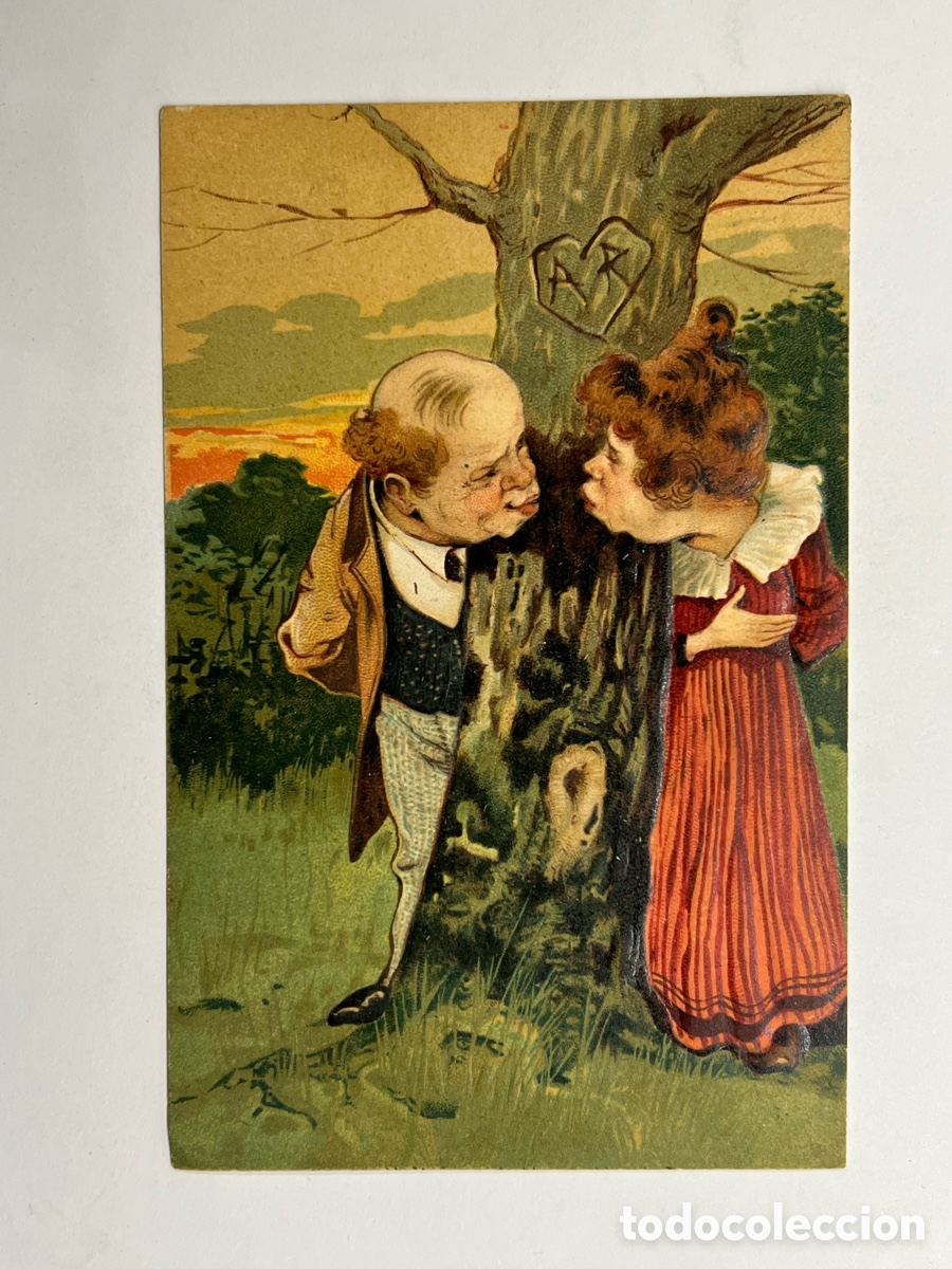 Postales: DIBUJOS Y CARICATURAS. Postal troquelada Alemana.. Pareja bes&aacute;ndose alrededor del &aacute;rbol