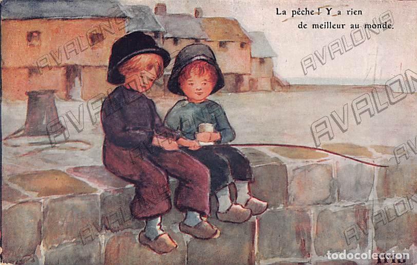 Postais: Postal belga de unos ni&ntilde;os pescando de 1920 - Circulada con sello