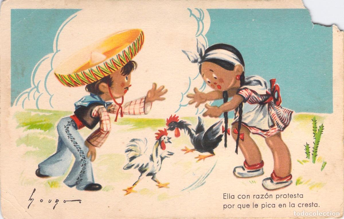 Postales: Tarjeta Postal Ilustraci&oacute;n Ni&ntilde;os Mexicanos y Gallos Humor&iacute;stica