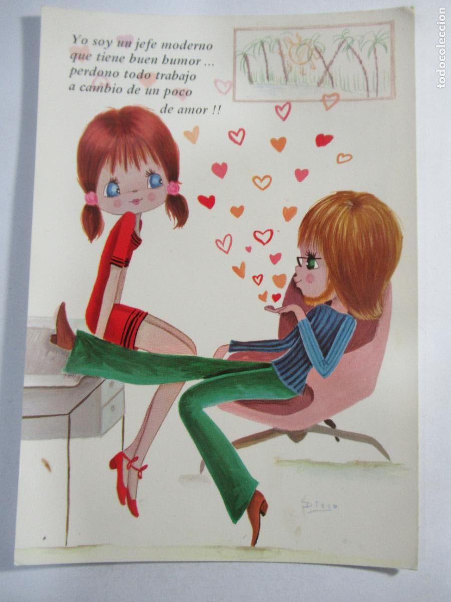 Postales: Postal hombre, mujer oficina amor - Hoy d&iacute;a no se podr&iacute;a editar con ese texto - Escrita