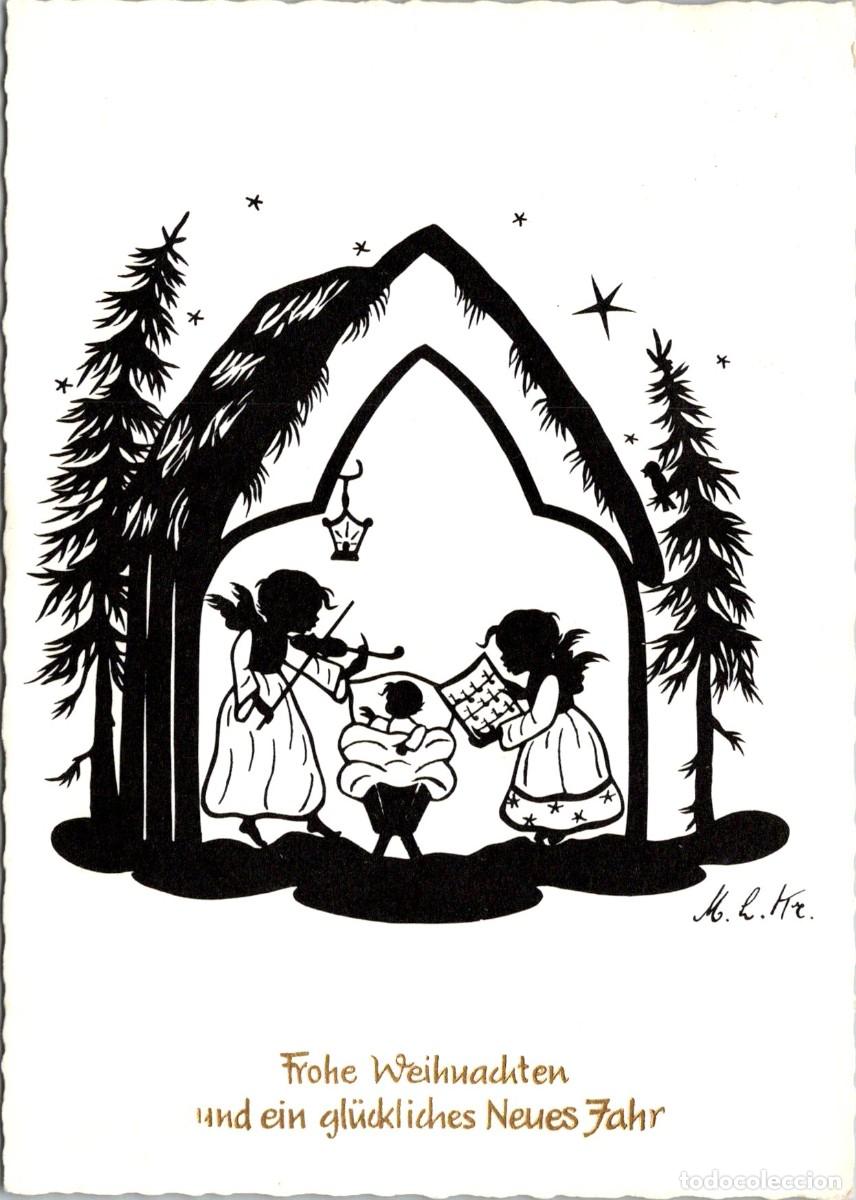Postales: Silueta - &Aacute;ngeles Adorando al Ni&ntilde;o - Firma: M. L. Kr. - Postal Navide&ntilde;a Alemana - 148x105mm
