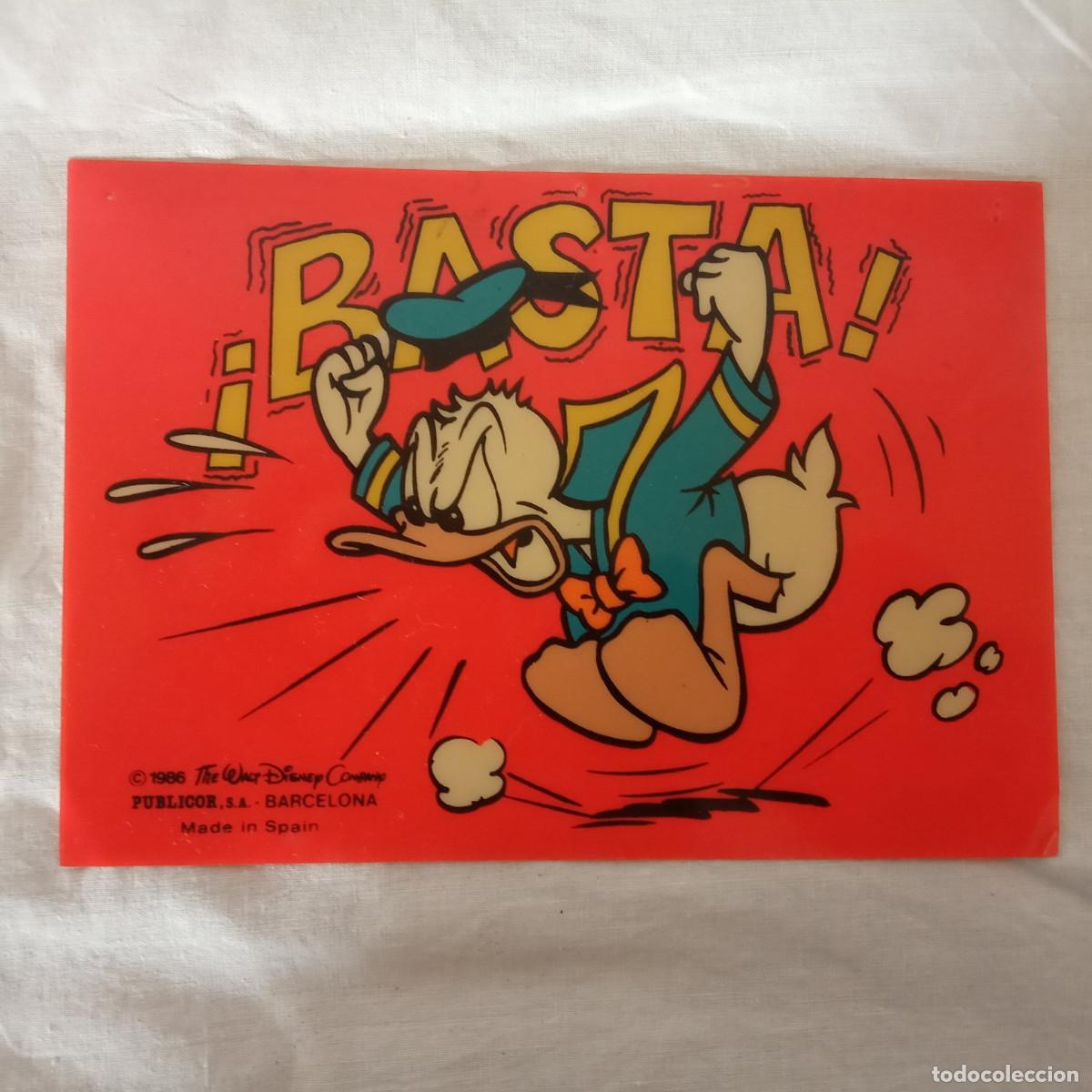 Postales: Postal de pl&aacute;stico Pato Donald &iexcl;Basta! 1986