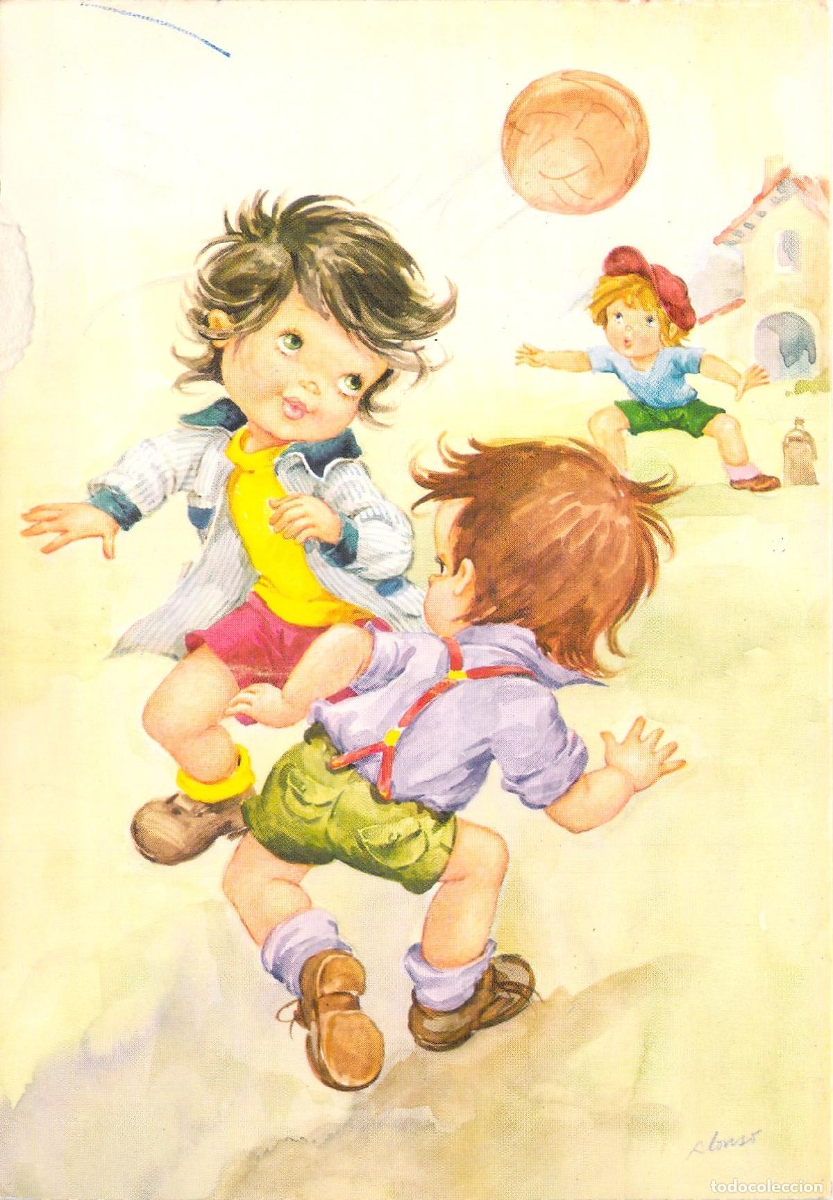 Postales: Postal Ilustrada de Ni&ntilde;os Jugando al F&uacute;tbol, Industrias Bergas